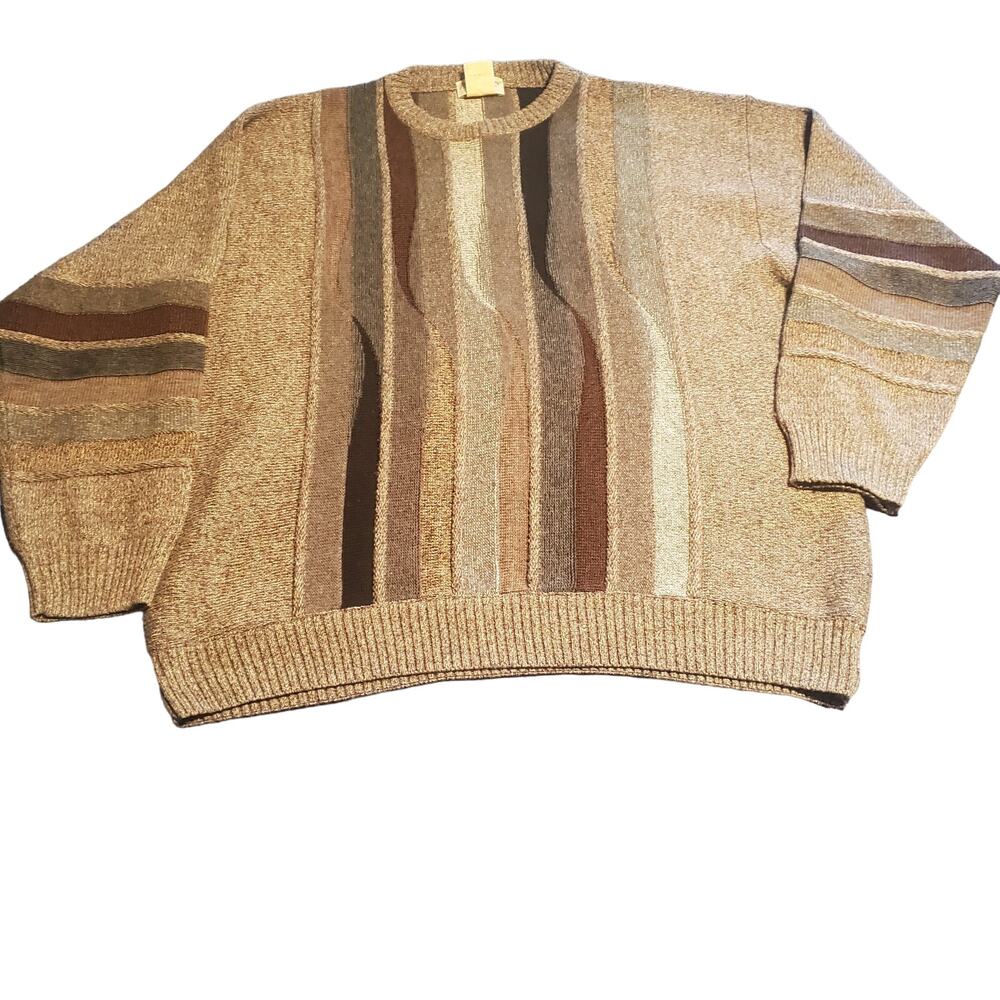 Vintage Norm Tompson Mens L Wavy Geometric 3D Biggie Cosby Muted Tans Sweater
